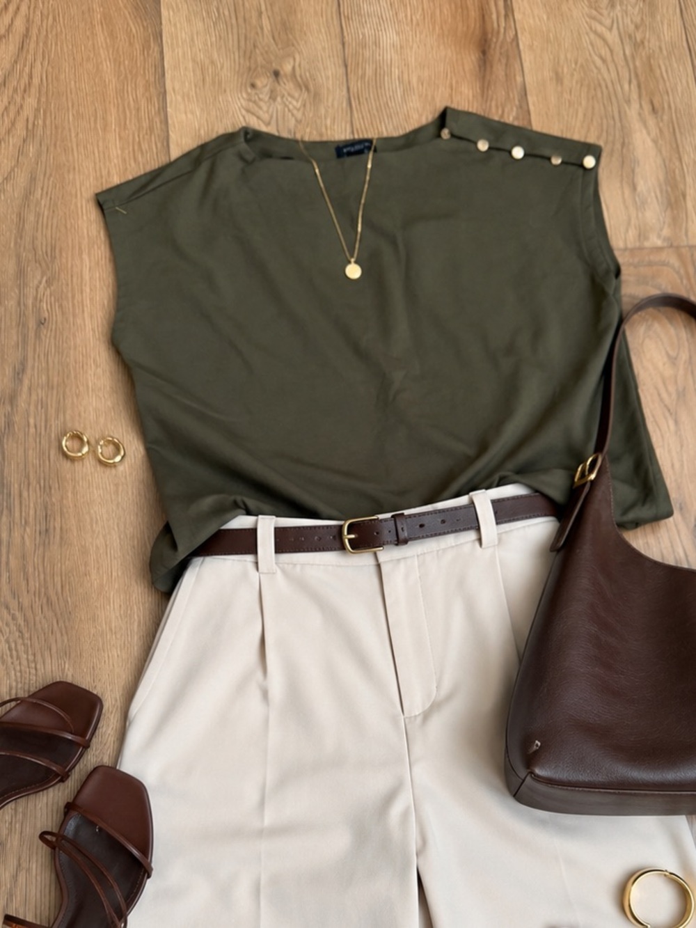 Sleeveless Olive Button-Shoulder Top